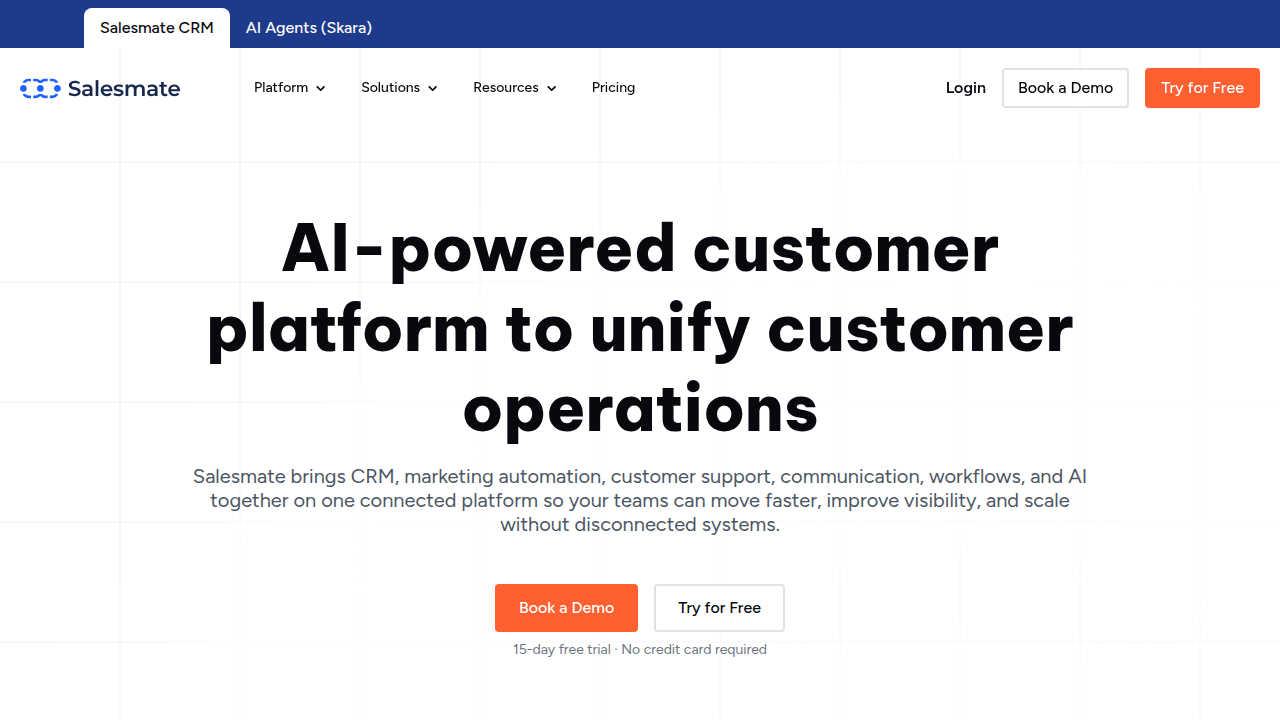 The Salesmate.io homepage, showcasing its CRM features and AI-powered sales prospecting tools that help teams gather data and streamline their sales process.