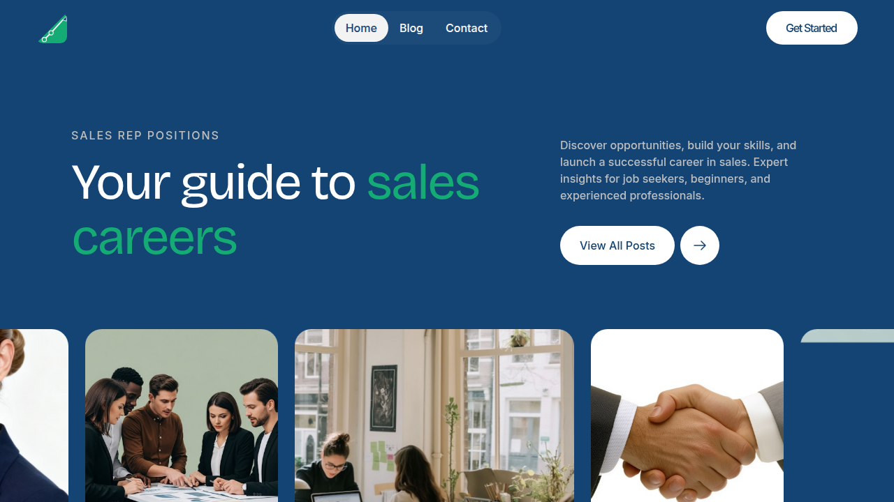 The homepage of SalesRepPositions.com, an online resource for sales professionals, demonstrating where users can find guides and insights on leveraging AI for productivity.