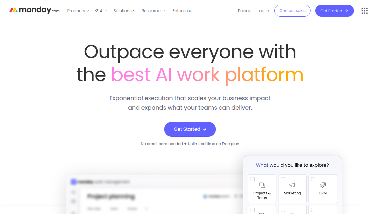 The homepage of monday.com, a popular work OS that often incorporates AI features for task management and message personalization, showcasing its interface.