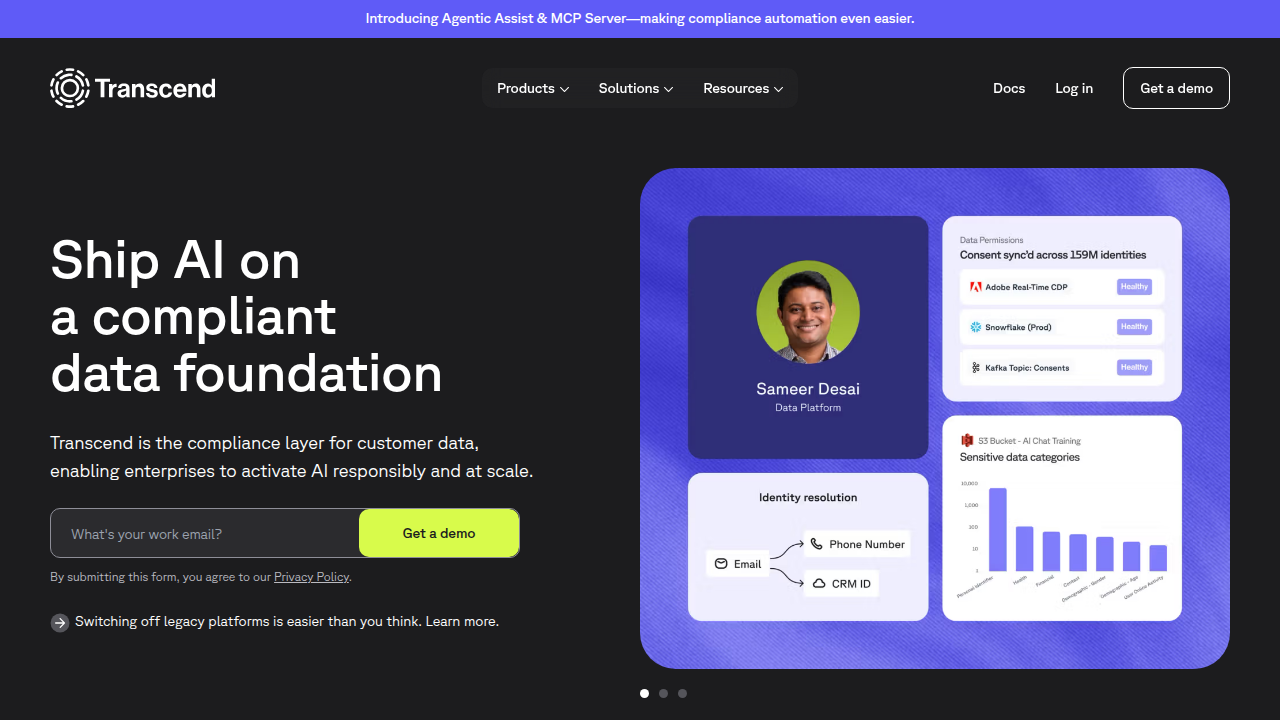 The homepage of Transcend.io, a privacy platform, emphasizing the importance of data protection and compliance when integrating AI tools into sales operations.