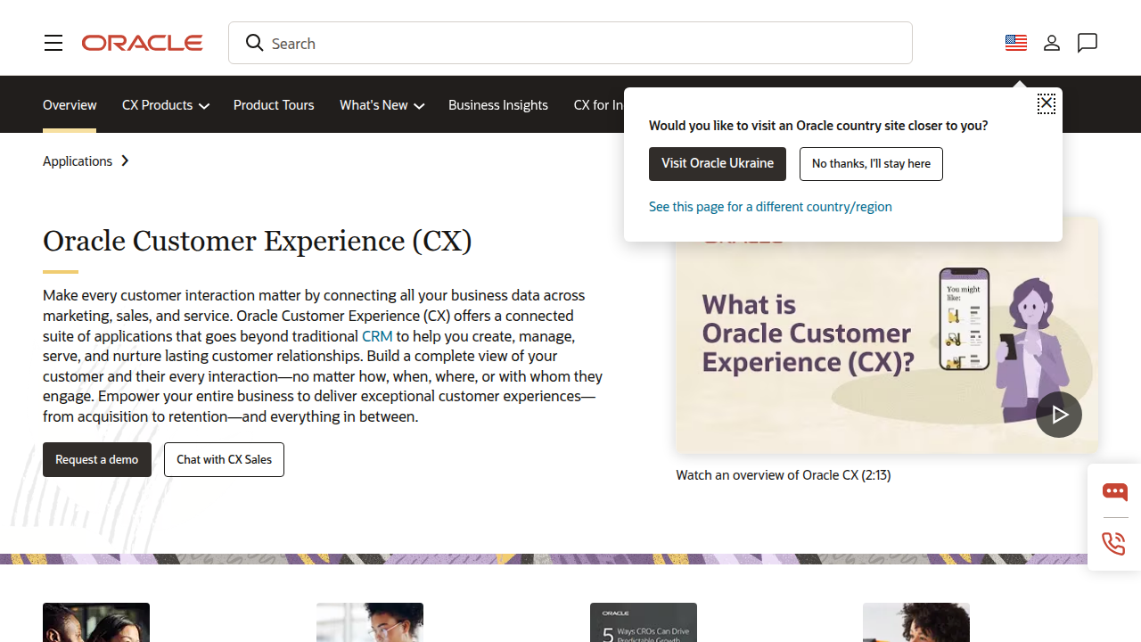 The Oracle CRM homepage, showcasing its enterprise solutions for customer experience and relationship management.