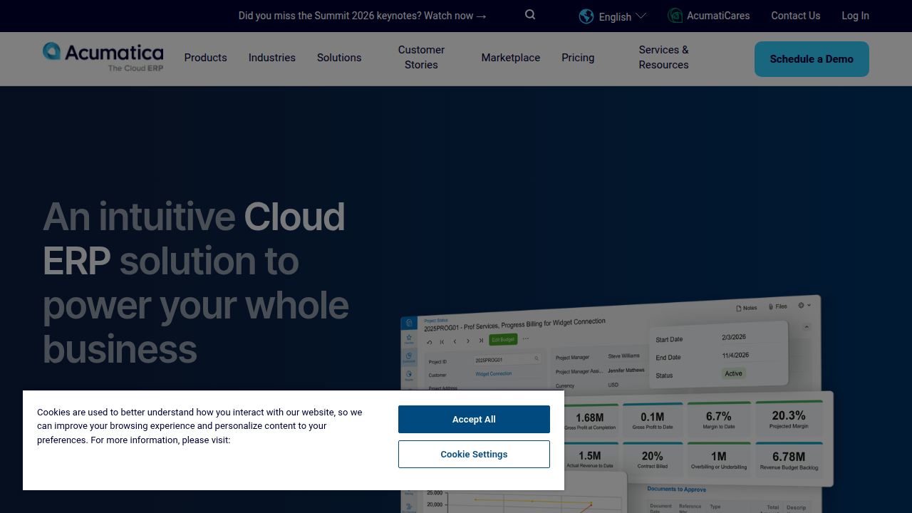 The homepage for Acumatica, a cloud ERP platform often integrated with CRM systems, emphasizing business solutions.