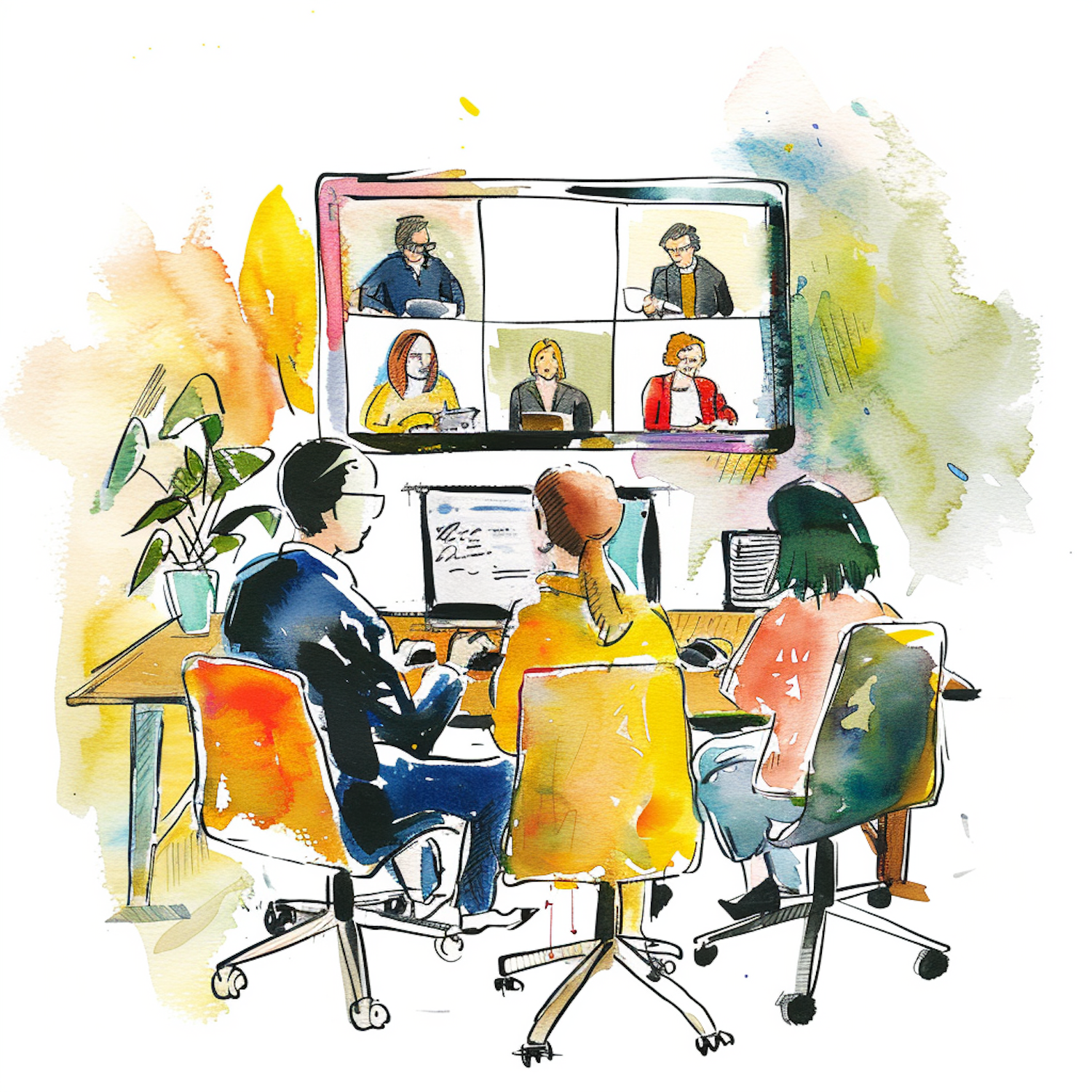 Professionals collaborate in a modern hybrid office setup, showcasing the blend of in-person and virtual work environments in Seattle city government.