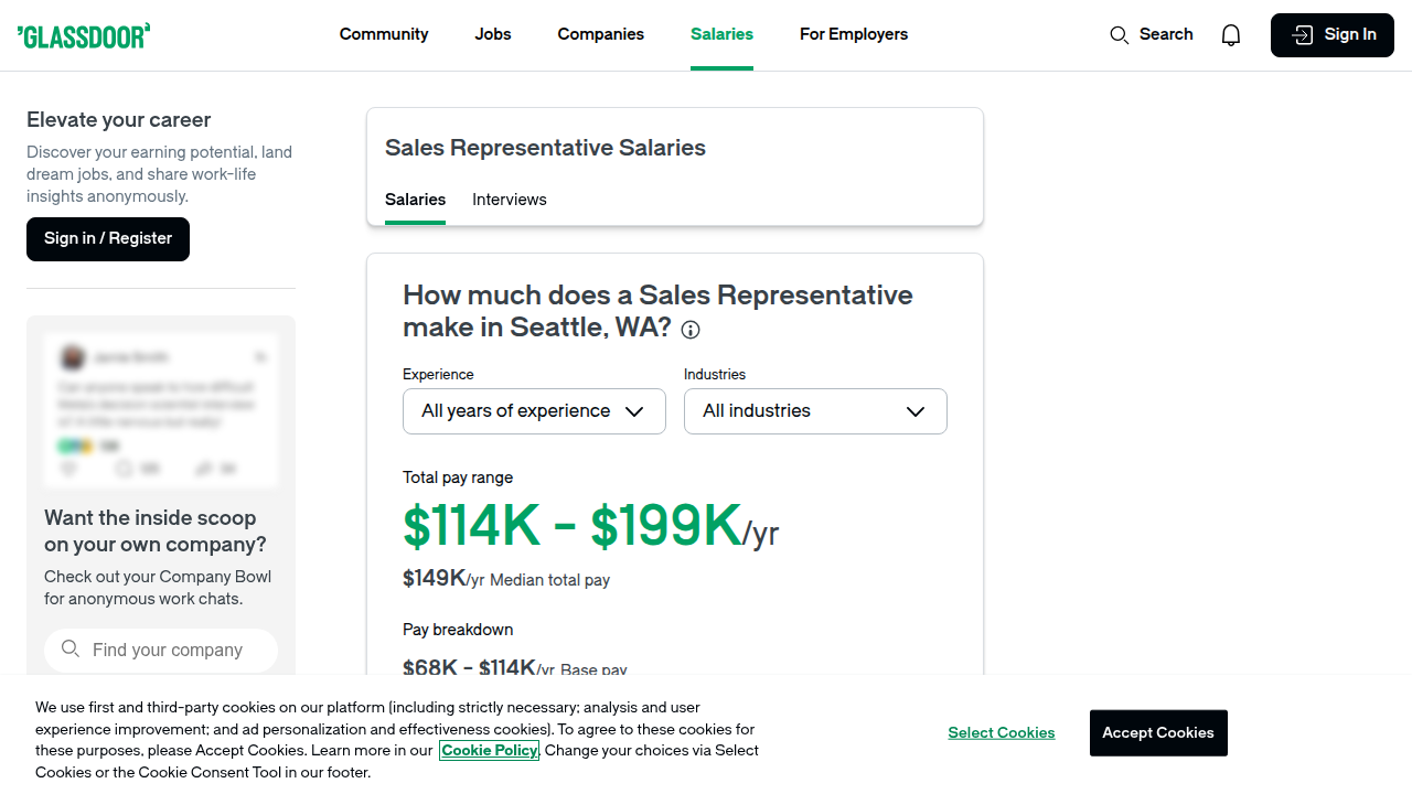 A screenshot of Glassdoor's salary data for sales representatives in Seattle, showing the competitive compensation ranges in the city.