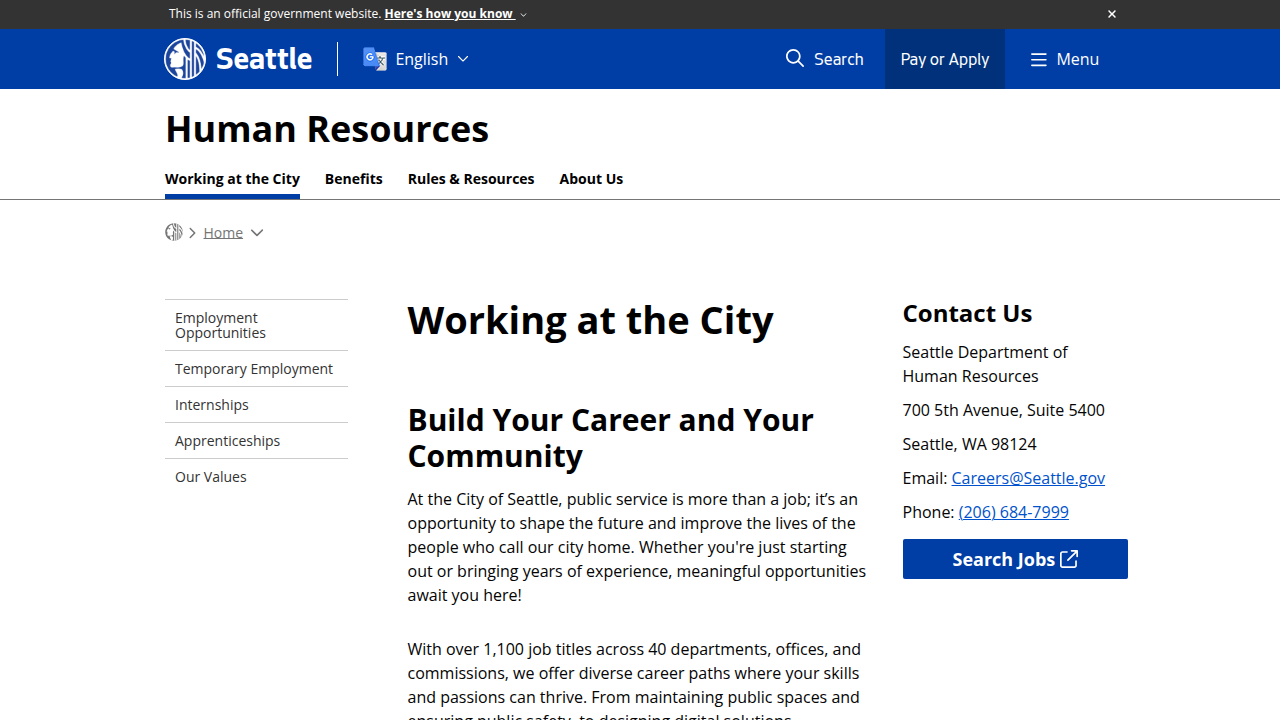 A screenshot of the official City of Seattle Human Resources page, which serves as the primary portal for all city job listings.