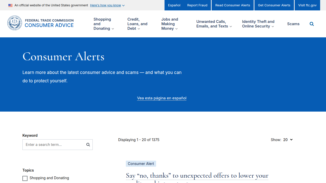 A screenshot of the Federal Trade Commission's (FTC) Consumer Alerts page, a reliable resource for identifying and reporting job scams.
