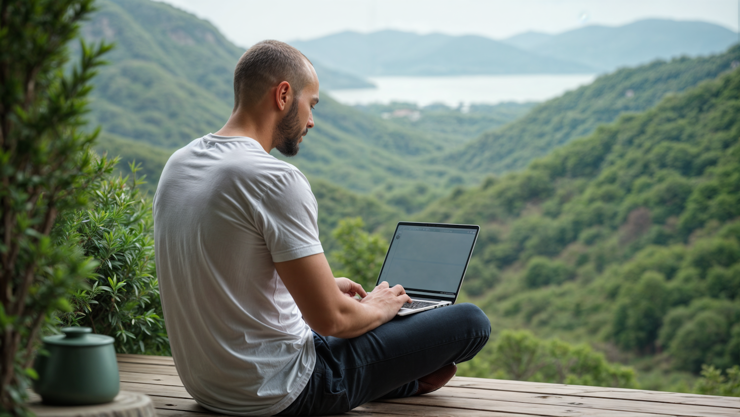 A person works remotely from a home office with a view of nature, symbolizing the flexibility and purpose offered by remote nature sales careers.