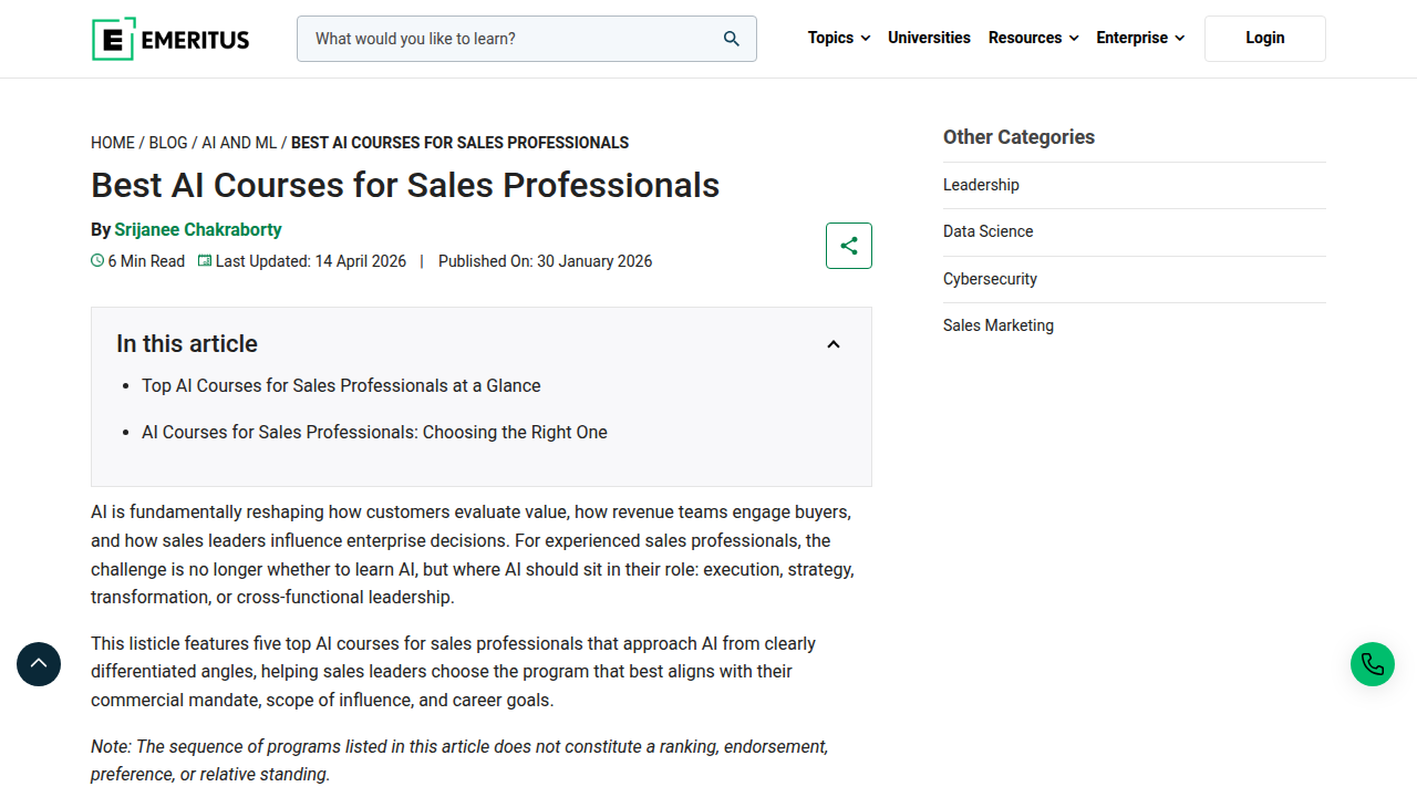 A screenshot of an Emeritus blog post comparing the best AI courses specifically designed for sales professionals, guiding further education.