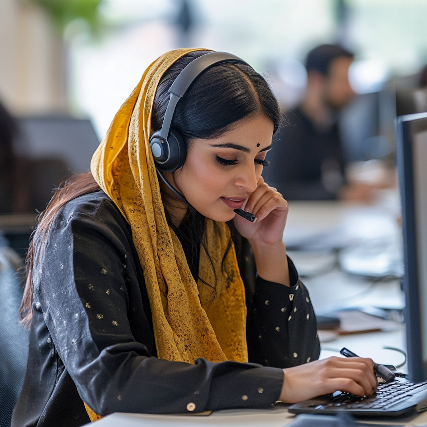 A person successfully working in a remote sales role, demonstrating focus and effective virtual communication from a home office environment.