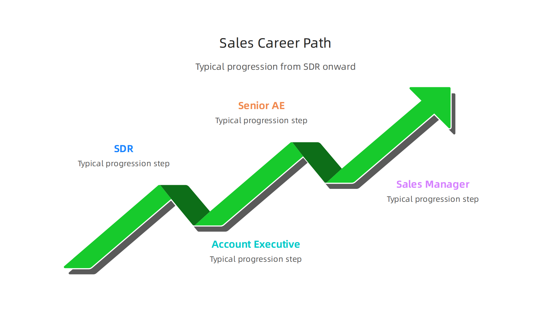 An infographic illustrating the typical career ladder in sales, from Sales Development Representative to Sales Manager.