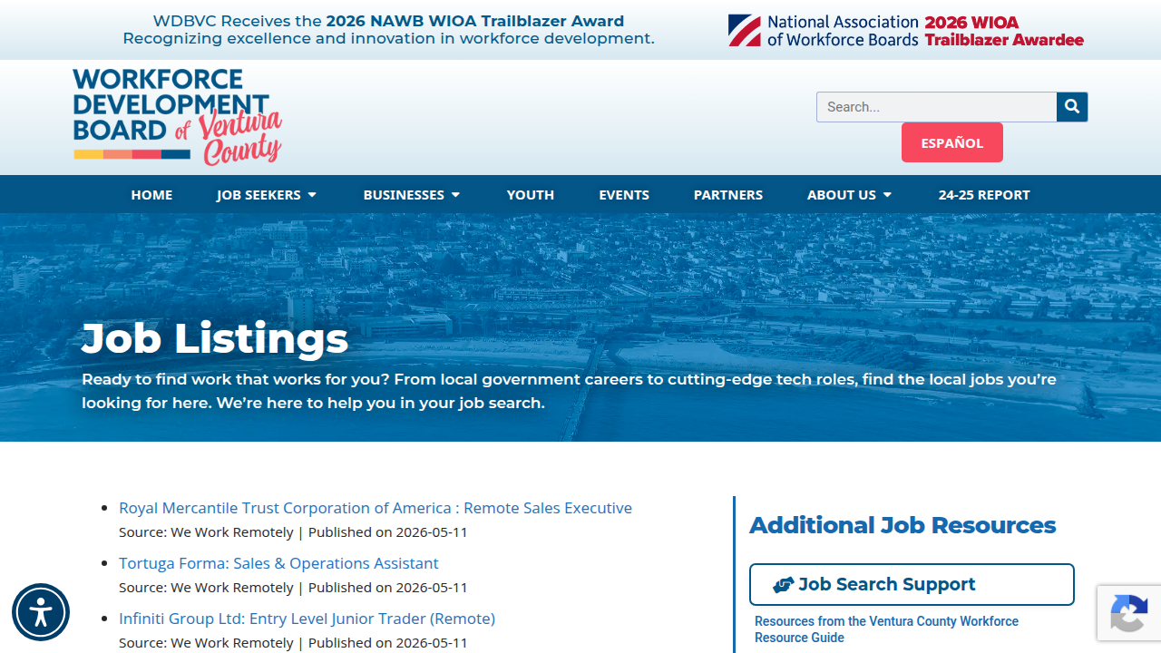 The official website for the Workforce Development Board of Ventura County, showcasing local job listings and resources.