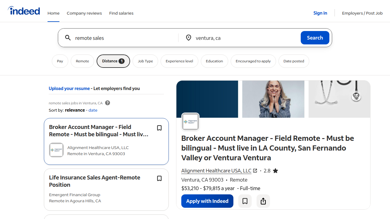 A screenshot of Indeed showing search results for remote sales jobs specifically in Ventura, CA, highlighting available opportunities.