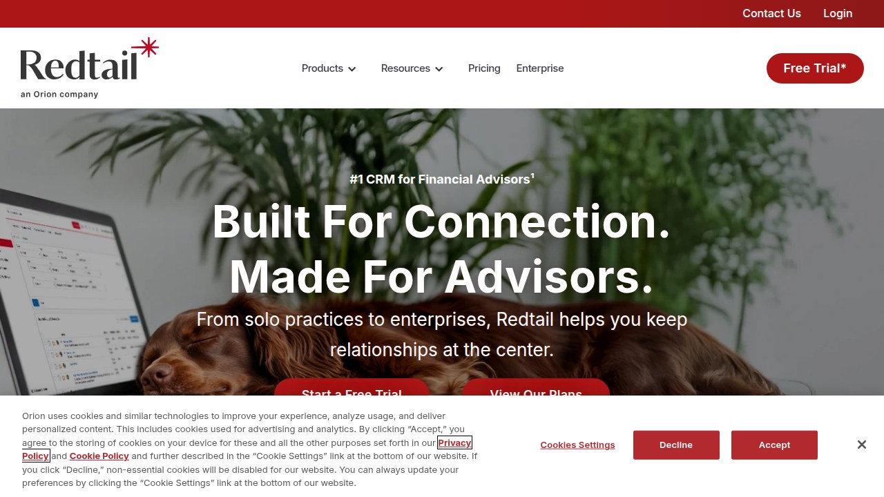 The homepage of Redtail CRM, a cloud-based solution specifically designed for financial advisors and wealth managers.