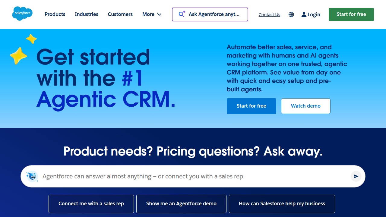 The homepage of Salesforce, the prominent enterprise CRM, showcasing its extensive capabilities.