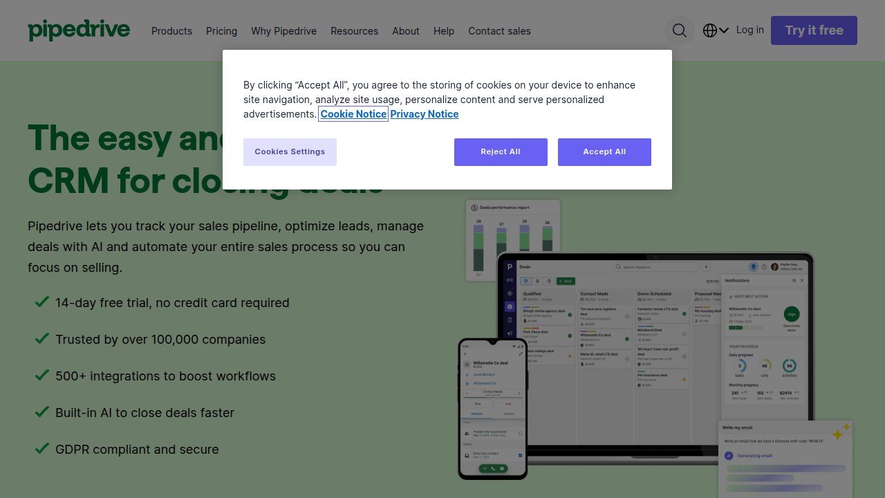 The homepage of Pipedrive, known for its intuitive design and strong workflow automation capabilities, especially for general sales teams.