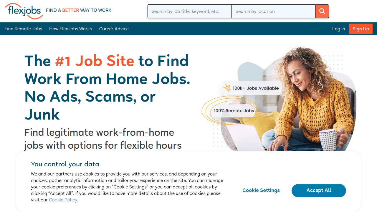 Screenshot of FlexJobs homepage to illustrate a vetted remote job board that lists legitimate remote retail sales roles.