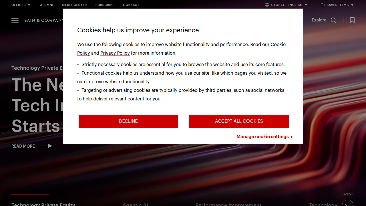 Screenshot of Bain & Company homepage or research section to support the market growth claim cited in the article.