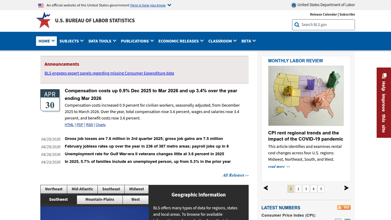 Screenshot of the Bureau of Labor Statistics homepage or employment projections page validating the jobs/openings context mentioned.