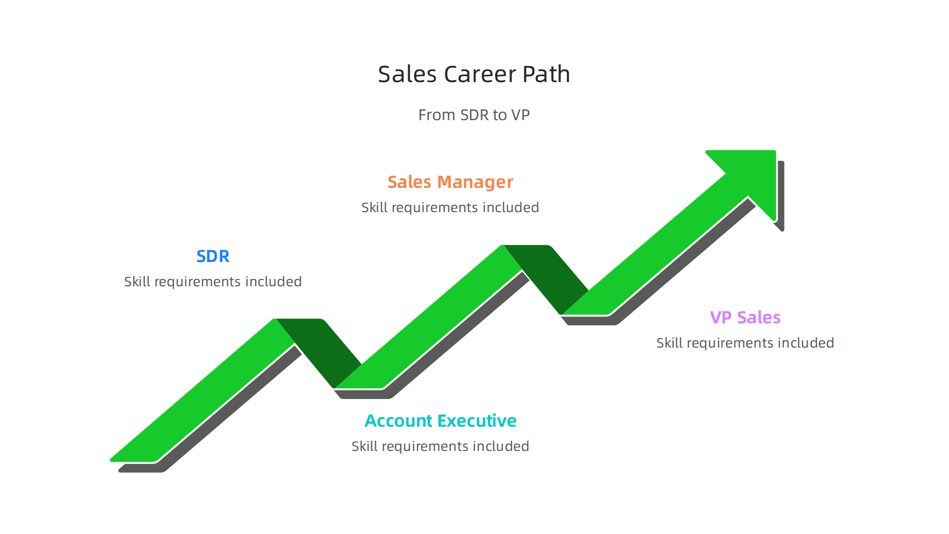 A visual representation of a typical sales career path, from Sales Development Representative (SDR) to Account Executive (AE), Sales Manager, and finally VP of Sales, complete with skill requirements at each stage.