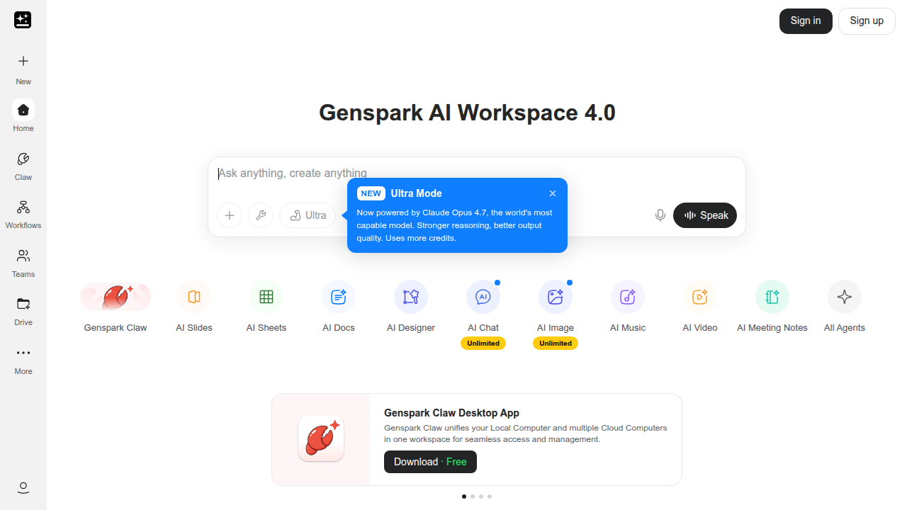 The homepage of Genspark AI, an AI-powered workspace designed to centralize sales career tasks.