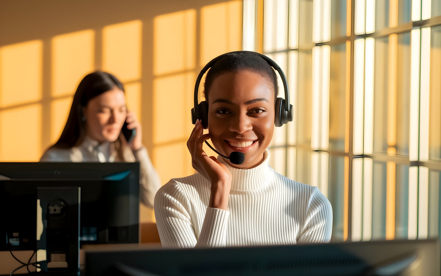 A focused professional working from a modern, well-equipped home office, engaging in a virtual sales call on their laptop.